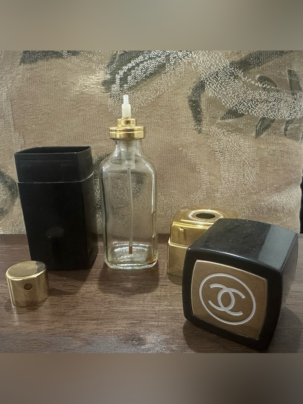 Chanel Vintage Black and Gold Decorative Perfume Atomizer Bottle-Empty